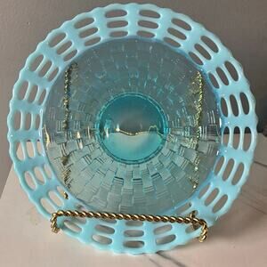 Aqua Opalescent Lace-Edge Glass Bowl – Likely Fenton – Basketweave Pattern
